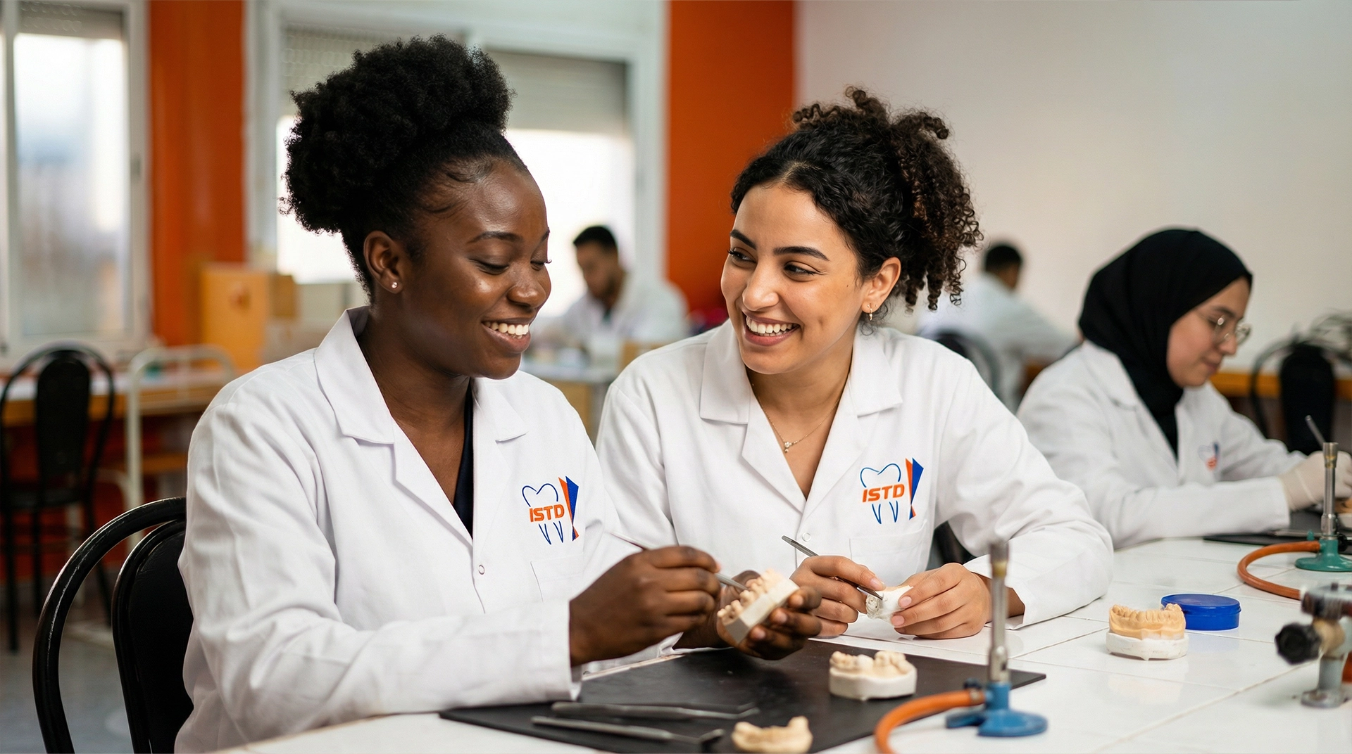 Étudiantes en formation de prothèse dentaire au laboratoire de l’ISTD Fès