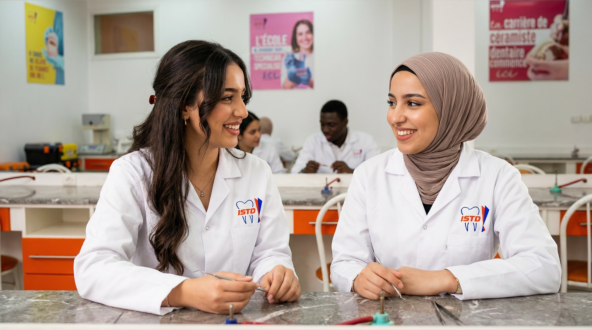 Étudiantes en prothèse dentaire à l’ISTD Fès en formation pratique au laboratoire
